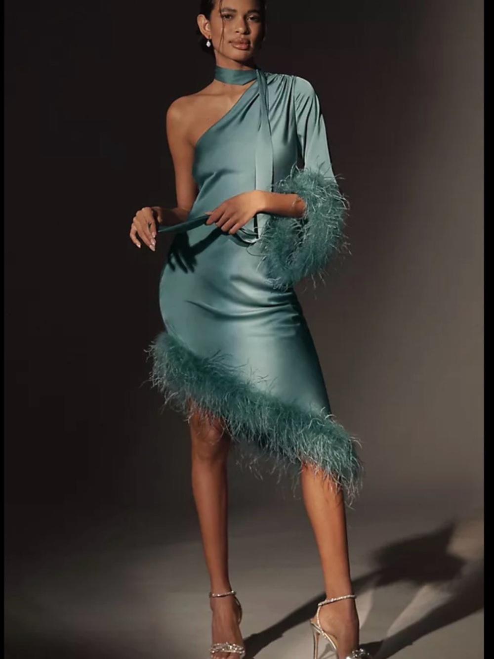 Hutch Teal One-Shoulder Feather-Trim Dress